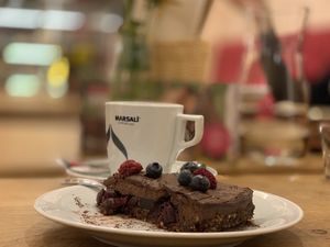 Chocolate berry tart at Bhajan Cafe in Krakow