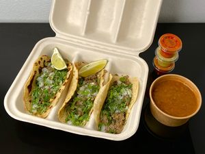 traditional quinoa lentil tacos + smoky beans (takeout) at Rocket Taco in Seattle
