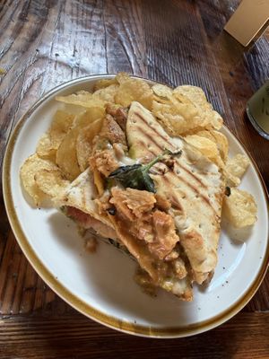 Vegan chicken pesto flatbread. So delicious especially with mustard and Siracha sauce on the side   at NU Kitchen in Worcester