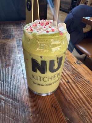 Strawberry matcha with oat mill and unsweetened vanilla it was fantabulous !!!   at NU Kitchen in Worcester