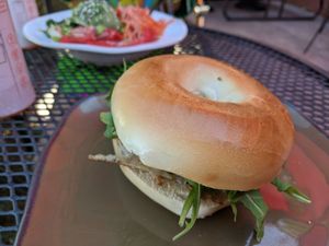 Just Egg breakfast sandwich in front and sushi grain bowl in the back at NU Kitchen in Worcester
