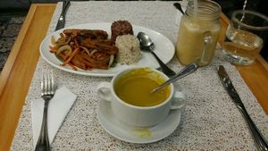 Pumpkin soup and vegan sweet and sour "fish" ☺ at Live Life  in Cebu