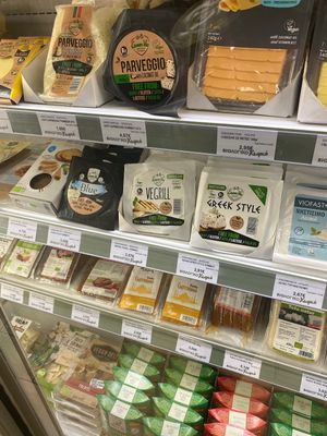 Vegan cheeses and tofu  at Biologiko Xorio in Athens