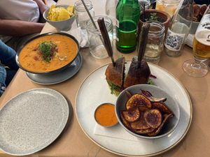 Chochisima vegan burger and sweet potato soup, also vegan.  at De La Llama in Quito