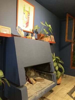 Fire place with lots of llama imagery   at De La Llama in Quito