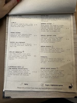 Main courses menu  at De La Llama in Quito