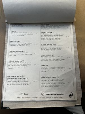 Menu  at De La Llama in Quito