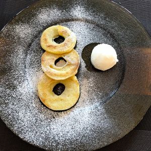 Apple Tempura with Yozu sorbet at Yama Restaurant Alte Post in Davos