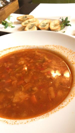 Soup and garlic bread at Casa Veche in Cluj-napoca