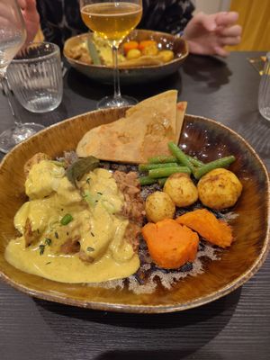 The vegan roti with curried jackfruit, beans, okra, potato puffs and roasted sweet potato at The Caribbean Housewife in Copenhagen