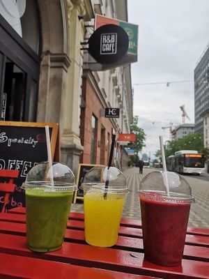 Fresh vegan Smoothies and Tonic drinks: spinach and granny smith, Ginger Lemon & Curcuma, Wild Berries at R&B Cafe in Ljubljana