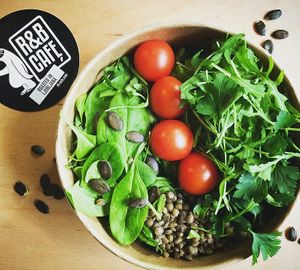 Protein packed salad: lentils, mixed greens, spinach, red onions, pumpkin seeds at R&B Cafe in Ljubljana