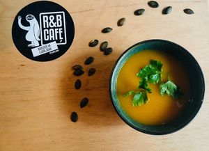 Vegan Butternut squash and sweet potato soup, available in small (pictured) and large size  at R&B Cafe in Ljubljana