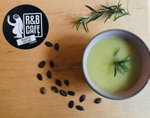Vegan Leek and potato soup with rosemary, available in small (pictured) or large size at R&B Cafe in Ljubljana
