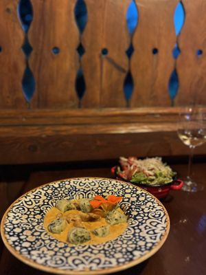 mushroom goulash with soy cream and nettle štruklji  at Gostilna Mencinger in Gornja Radgona