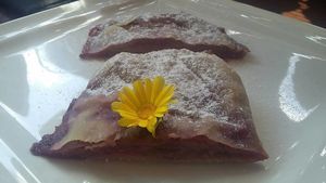 Raspberry and pear strudel.

Photo by: Nikina KUHALNICA on Facebook at Gostilna Mencinger in Gornja Radgona