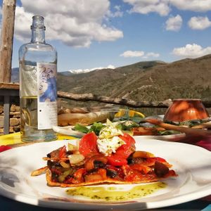 Pizza at Posada Naturista in Las Tiesas Altas