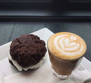 Chocolate whoopie pie and oat milk cortado at Amateur Coffee in Omaha
