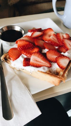 Gluten deee waffles with coco whip and berries at Amateur Coffee in Omaha