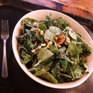 Clever Greens "Quinwow" Salad: avocado, carrot, scallion, sweet corn, garbanzo beans, red quinoa, kale, spinach; green goddess dressing at Flagship Commons in Omaha