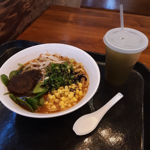 Yoshi-Ya Vegan Ramen: vegetable broth; shiitake, moyashi (sprouts), negi (green onions), corn, spinach, mayu (black garlic) oil & a Jumbo Ozaki (matcha green tea lemonade) at Flagship Commons in Omaha