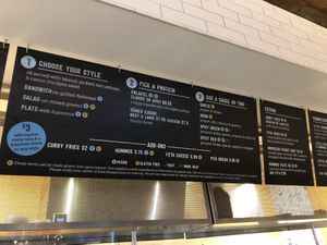 Menu at Amsterdam Falafel- blue v for vegan at Flagship Commons in Omaha