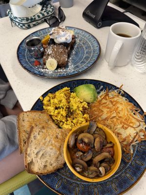 Banana bread french toast and the vegan standard  at Saddle Creek Breakfast Club in Omaha