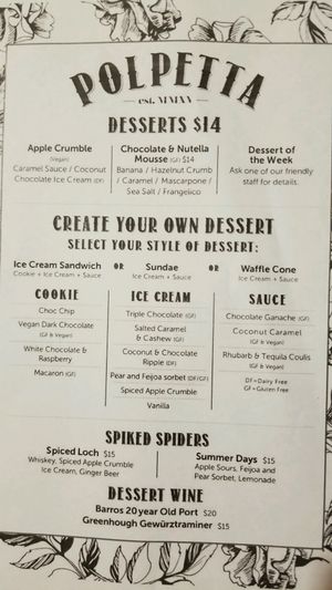 Dessert menu ~ March 2018 at Polpetta in New Plymouth