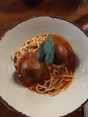 Pommidoro sauce and shiitake mushroom balls with tofu and ginger on pasta  at Polpetta in New Plymouth