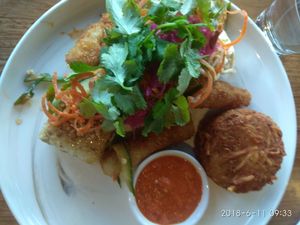 Miso tofu and eggplant chips with a hashy on the side. at The Hatter and the Hare in Bayswater