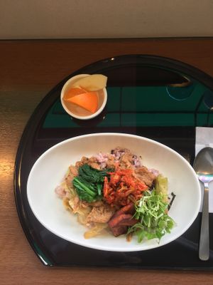 Vegan main dish with soy meat and vegan kimchi  at SaiShokuKenBi in Hiroshima