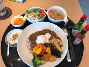 Vegetarian Keema curry lunch set(1,300yen, one drink included, contain egg and dairy, can be served without egg) at SaiShokuKenBi in Hiroshima