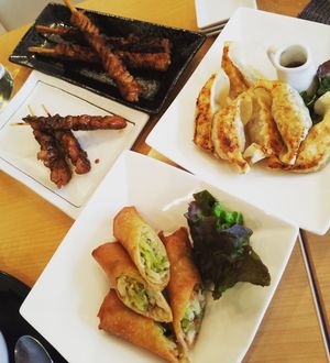 Spring rolls,gyoza and vegan meat sticks(tasted soo real) at SaiShokuKenBi in Hiroshima
