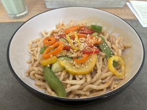 Udon with peanut and vegetables   at Roots in Trencin