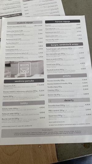 Menu at Roots in Trencin