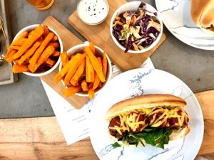 'Meatballs' sandwich, sweet potato fries, coleslaw.  at Roots in Trencin
