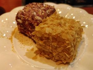Soft and crunchy Pumpkin cakes with cereal confetti 
 at Ganglamedo Vegetarian Cuisine in Central Singapore