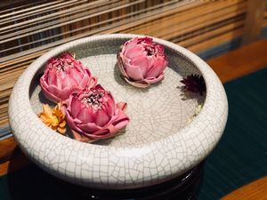 Bowl with lotus and water in it on display. Most of the items on display in the restaurants can be purchase at Ganglamedo Vegetarian Cuisine in Central Singapore