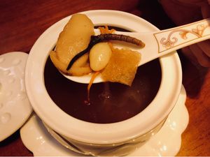 Nagqu Cordycep Double-Boiled Soup (not vegan, contains egg) at Ganglamedo Vegetarian Cuisine in Central Singapore