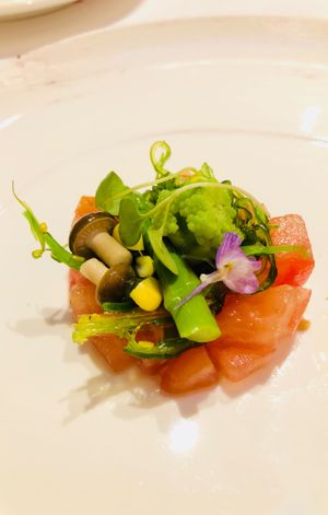 Ganglamedo Garden Salad with Line and Pomelo Dressing, Yuzu Sorbet at Ganglamedo Vegetarian Cuisine in Central Singapore