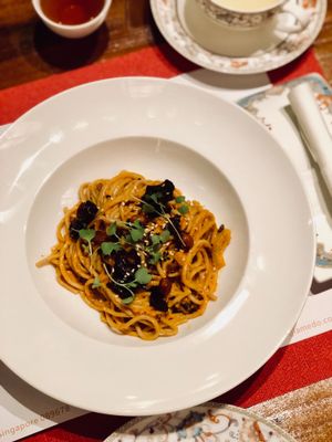 Tibetan Noodle with Porcini Mushrooms, Capsicum and Sesame Sauce.   at Ganglamedo Vegetarian Cuisine in Central Singapore