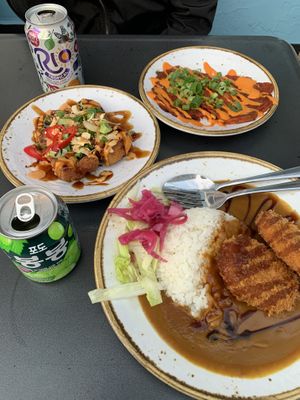 Pumpkin katsu, tofu satay, kimchi pancakes   at Tuk Tuck in Bristol