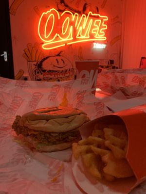 Garlic Mayo Chik’n Burger with Waffle Fries 🌱  at Oowee Diner in Bristol