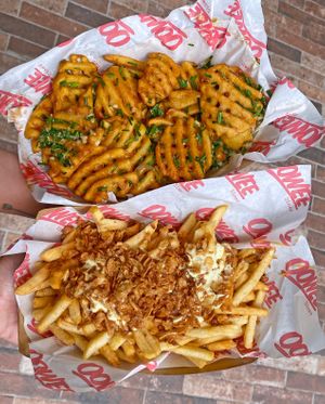 Marmite Waffle Fries (vegan) and Dirty Double Fries (vegetarian) at Oowee Diner in Bristol