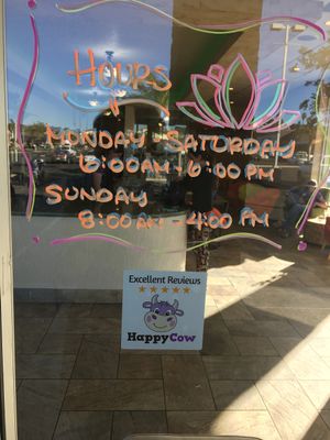 Hours & HappyCow decal!! at Y'not Organic in Pismo Beach