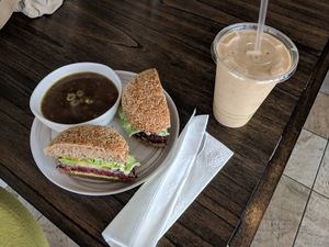 Ihad the bean and beet burger with lenitl soup and nectarine smoothie. All were excellent! Highly recommended. at Y'not Organic in Pismo Beach