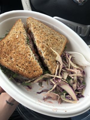 Mushroom sausage sandwich and cabbage slaw at Y'not Organic in Pismo Beach