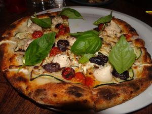 The staff were so friendly and the food was amazing! Two vegan pizzas and a few vegan sides, and two vegan deserts (vegan cheese is an option!) this here is the Zucchini pizza  at El Capitano in Noosa Heads