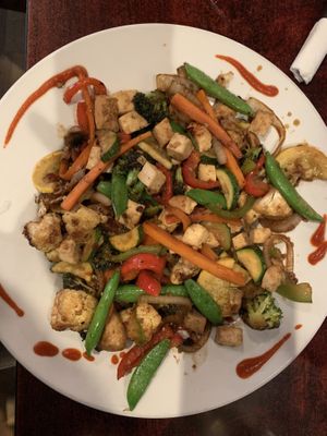 sweet n sour veggie plate with tofu and rice at City Limits Brewing in Wallace