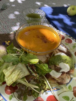 Pumpkin soup, salad, raw lasagna   at Turtle Lake Refuge in Durango